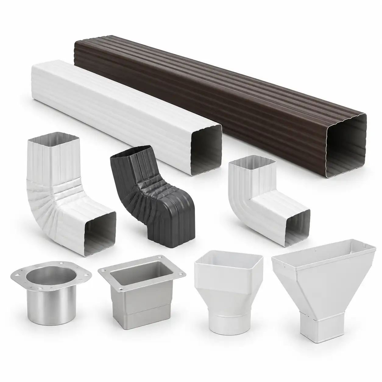White aluminum downspouts, elbows and gutter hangers laid out on a table