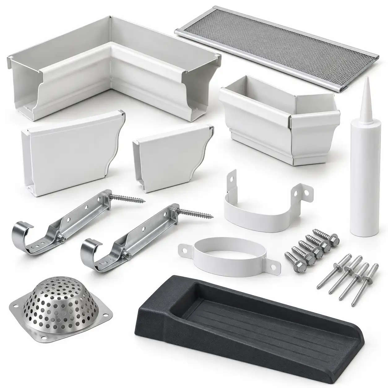 K-style gutter with guard, hanger, end caps, elbow and screws