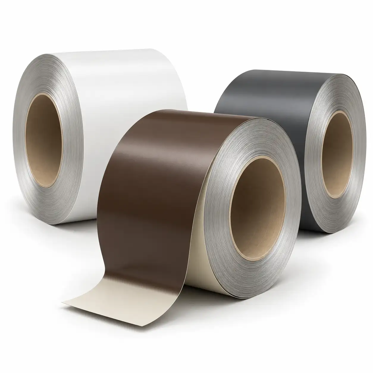 Painted aluminum gutter coils with formed K-style gutter samples