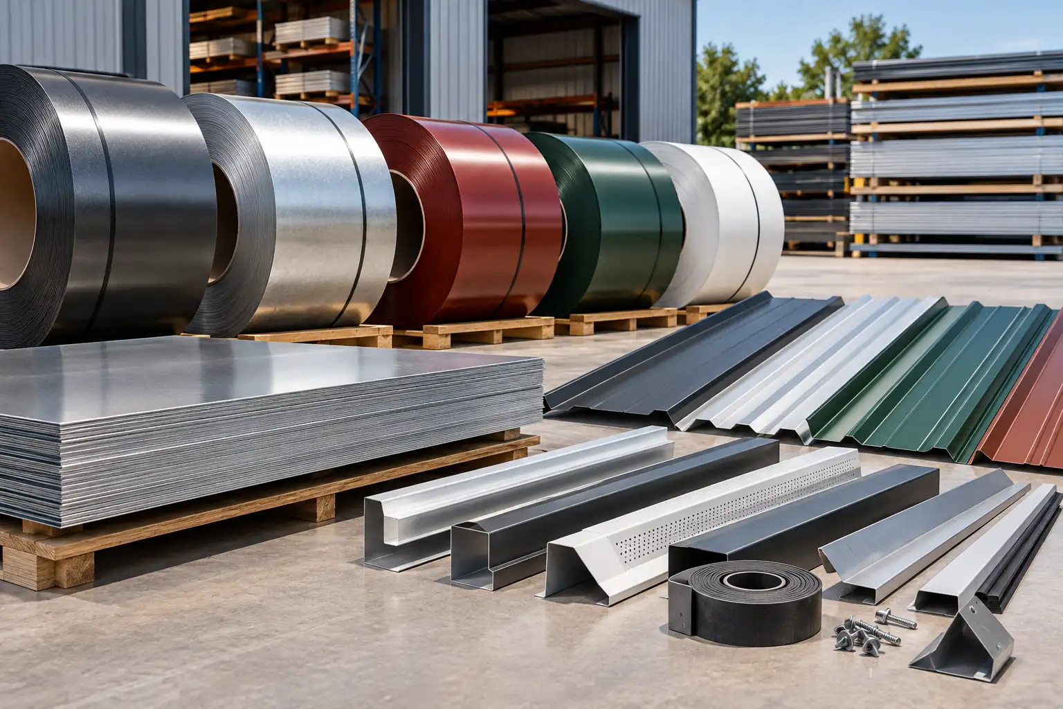 Placeholder image of painted aluminum and steel coils in a warehouse