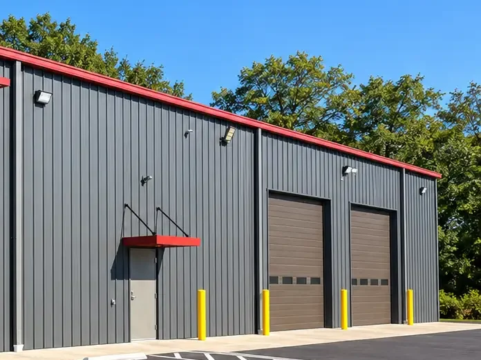 Commercial building clad in charcoal metal wall panels with red trim