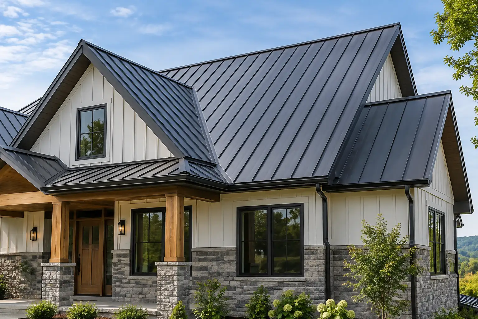 Placeholder hero image of a standing seam metal roof at sunrise