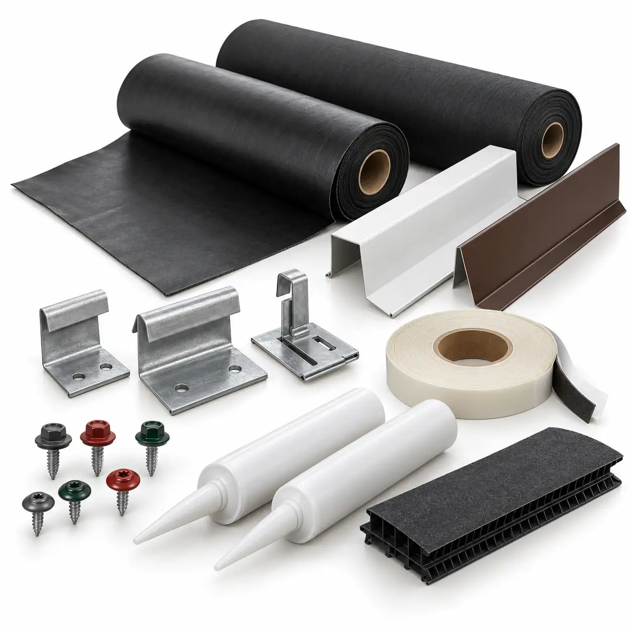 Metal roofing panel clips and color-matched roofing screws