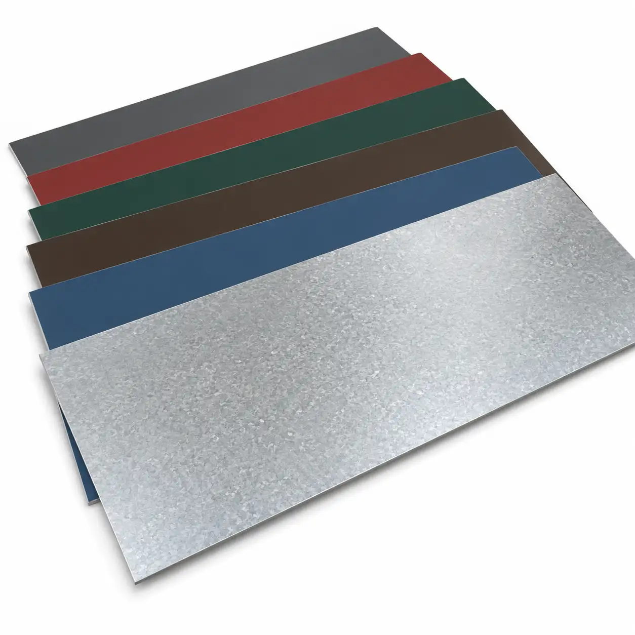 Stacks of painted and Galvalume flat metal sheets on pallets